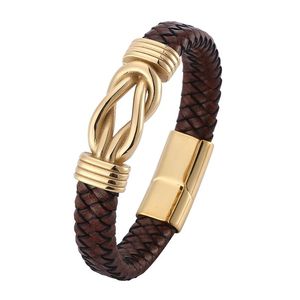 Charm Bracelets Magnet Buckle Men Brown Braided Leather Bracelet Stainless Steel Unique Cross Knot Shape Wristband Male Jewelry PD0750