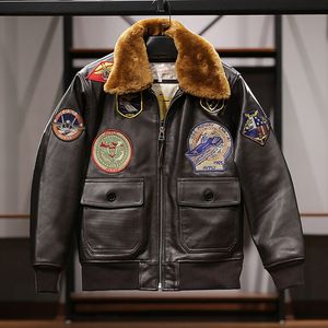 Dark Brown USS G1 Air Flying Flyer Flight Suit Jackets Men Lamb Fur Collar Lapel Head Layer Sheepskin Men 's Leather Jacket