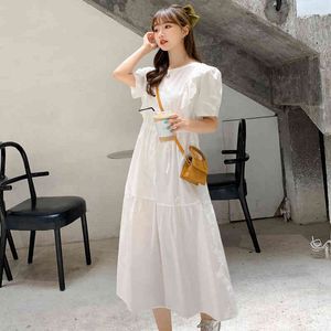 Sommar kortärmad kvinna avslappnad klänning lös vintage mode kvinnlig vit chiffong klänningar spets upp a-line vestidos 210423