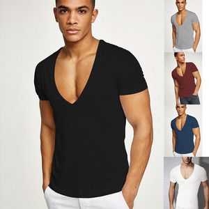 T Shirts Men Deep V Neck Short Sleeve Tshirts Summer Streetwear Casual Solid Slim Polyester Tees Gym Fitness Boxing T Shirt Tops