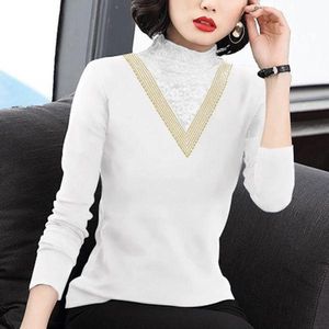 T-shirt da donna tinta unita in pile di pizzo collo mezzo alto elegante top bianco che tocca il fondo femminile autunno inverno versatile a maniche lunghe