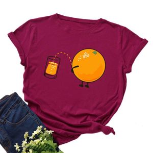 Kvinnors t-shirt YT Cartoon Orange Printed Cotton Harajuku Summer Female Top Tee For Lady Funny Juice O-Neck T-shirts