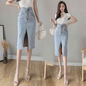 Mode Hohe Taille Split Rock Denim Koreanischen Stil Single Button Tasche Eine Linie Elegante Blaue Mittellange Jeans Frauen 210520