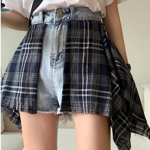 Summer hip hop style stitching high waist jeans women loose straight Wide Leg Large shorts Asymmetrical 210510