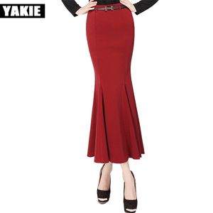 Plus storlek XS xxxl kjolar kvinna lång trumpet sjöjungfru hög midja ankel längd vintage sexig röd svart bodycon 210608