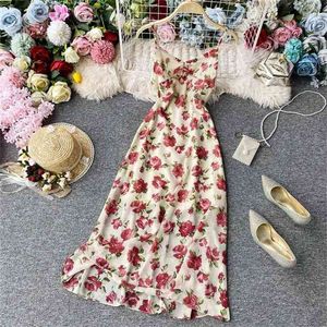 Summer Beach Dress Women Slim Backless V-neck Sexy Ladies Flower Chiffon Long Retro Robe Vestidos Mujer 210525