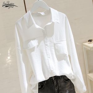 Korean Style Long-Sleeve Shirts Women Cotton Casual White Blouse for Solid Vintage Cardigan Tops Clothes 8892 50 210508