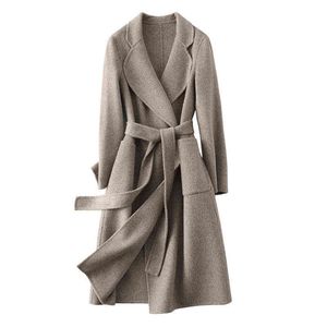 Winter Classic Double-Faced Cashmere Coat Woolen Female Outerwear Belt Wool Coat S3652 211118