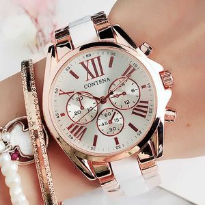 Weiße Keramikatschüssel Geneva Quarz Armbanduhr Damen Edelstahl Armbandwatches Kleid Reloj Mujer 210616