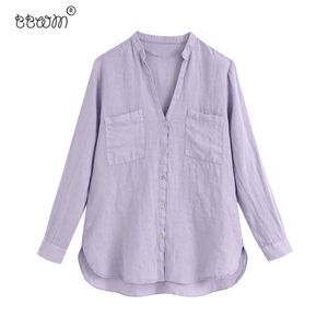 Mulheres moda bolsos roxos blusas de linho vintage feminino manga longa botões camisas casuais chique tops 210520