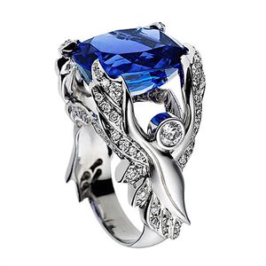 Moda ali d'angelo cristallo blu pietre preziose zaffiro anelli di diamanti per donna uomo accessorio bague gioielli in oro bianco argento colore