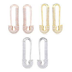 Moonmory France 100% 925 Sterling Silver Safety Pin Earring Three Color Style One Side Zircon Höger vänster 210616
