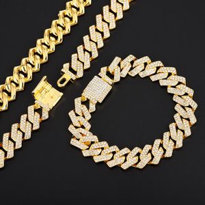 Colar de corrente de moissanite Iced Out Chain Bling Prong Miami Cuban Link Colares 15mm Cristal Cheio Strass Fecho Hip Hop Colar Pulseira Mens