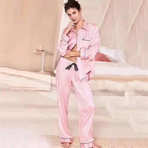 Moda Şık Yaz Pijama Set Kadınlar Uzun Kollu Çizgili Pijama Pijama Bahar Saten Ipek Lounge Giymek PJ Pjamas Homewear 210809