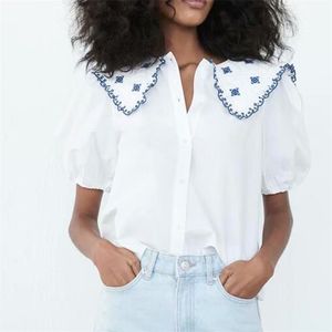 Summer Women Sweet White Bluzki Koszule Topy za krótki rękaw Haft Poplin Kobieta Vintage Street Top Odzież BluSas 210513