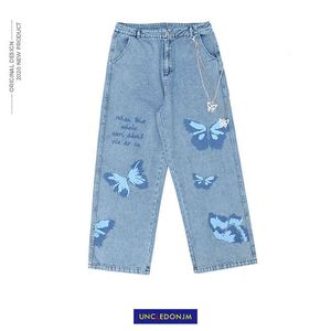 UNCLEDONJM Butterfly Printed +Chain Jeans Herren Hip Hop Streetwear Herren Jeans Denim Wo Fashions Schwarz HM1072