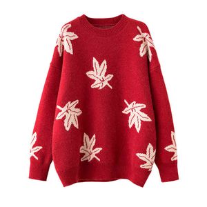 Röd Aprikos Maple Leaf Stickad Sweater O Neck Långärmad Loose Pullovers Höst Vinter M0215 210514