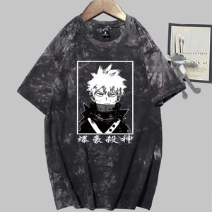 My Hero Academia Bakugou Drukuj Moda Krótki Rękaw Okrągły Neck Tie Dye Koszulka Unisex Jesień Y0809