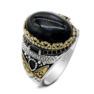 Cluster Rings Turkey Jewelry Men Ring With Natural Agate Stone Pure 925 Sterling Silver Vintage Crown For Women Male Gift Black CZ