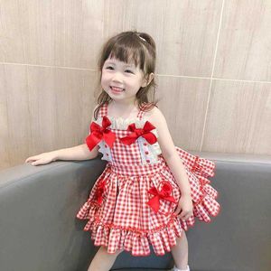 2021 meninas verão loli vestido moda vermelho arco xadrez bebê crianças vestidos de aniversário crianças princesa roupas roupas q0716