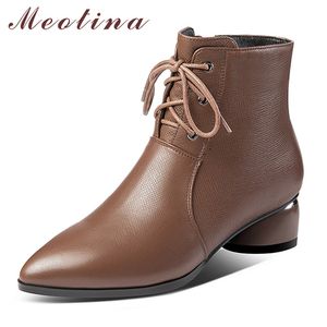 Botas do tornozelo do outono Mulheres Natural Genuíno couro bloco salto curto zíper apontou sapatos de toe senhoras tamanho inverno tamanho 42 210517