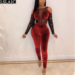 Kvinnor Jumpsuits Mesh See Through Patchwork Off Shoulder Hollow Out Kvinna Kläder Sexig Clubwear Fashion Sale Bodysuit 210515