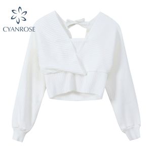 Weißer sexy Bodycon Pullover Pullover für Frauen Langarm Crop Strickwaren Weibliche Ripp Elegante Korean Casual Kurz gestrickte Tops 210417