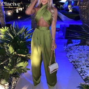 Clacive Sexy Chic Satin Women Two Piece Set Summer Halter Tank Top High Waist Palazzo Pants Set Fashion Party Club 2 Piece Set 210727