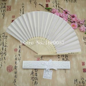 100pcs White Wedding Personalized Silk Fan Cloth Hand Fan Folding Fans in Gift Box+Customized Names and Text+ Organza Gift Bag SH190923