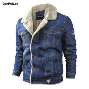 Fleece Denim Jacket Mens Winter Casual Warm Bomber Jackor Män Jean Jacket Coat Outwear Man Cowboy Bomull Solid Streetwear 210518