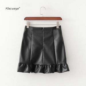 Mulheres Sólidas Mini Saias Fashion Ladies Ruffles Faux Leather A-Line Acima do Joelho Chique Feminino Sexy Club 210521