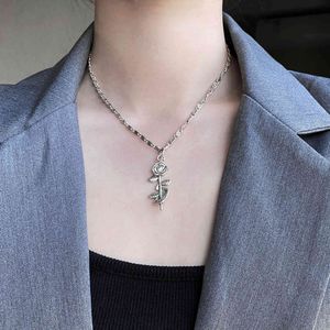 925 Sterling Silver Couple Vintage Old Rose Flower Pendant Necklace Punk Style Ladies Sweater Chain neckalce for woman