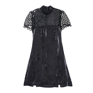 Być może u kobiet czarny solid netto mandarynka rękaw z krótkim rękawem linia mini sukienka lato plaża żeński chiński styl d1964 210529