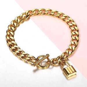 Design mm k Gold Stainless Steel Cuban Link Chain Lock Pendant Bracelet for Men Women Unisex