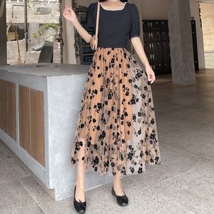 Women Casual Tulle Floral Skirt Pleated Skirts Black High Waist Midi Dress Thin Chiffon Mesh Yarn Loose Long Clothing Females