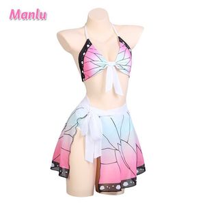 Demon Slayer Kochou Shinobu Swimsuit Cosplay Costume Woman Two Piece Bikini Beach Swimsuit Set Halter Neck Swimwear Bathing Suit Y0903