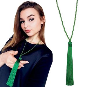 Fashion Colors Long Fringe Silk Tassel Necklace Women Glass Bead Crystal Pendant Necklaces Statement Vintage Bohemian Jewelry