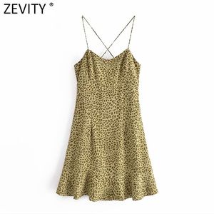 Zevity Women Sexy Leopardプリント裾のフリルスリングミニドレス女性シックサイドジッパーヴェスティド夏のビーチドレスDS8321 210419
