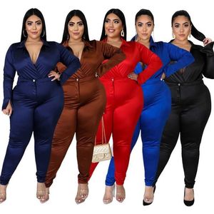 L-5XL Bayan Artı Boyutu Rahat Eşofmanlar Seksi Tulum Ceket Kazak Iki Parçalı Suit Uzun Kollu Pantolon Yaka Bahar Ve Sonbahar Spor