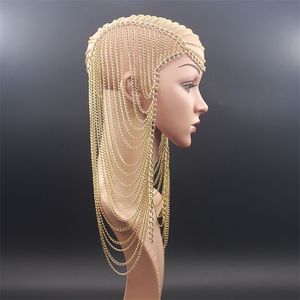 Lyxig Full Metal Chain Gold Färg Lång Tassel Punk Head Hair Smycken För Kvinnor Party Bröllop Hår Tillbehör Huvudstycke 210707