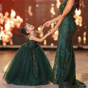 Girl's Dresses Dark Green Lace Flower Girl Ball Gown Tulle Backless Lilttle Kids Birthday Pageant Weddding Gowns