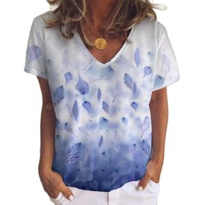 Verão Gradiente Folha Impressão Mulheres Tshirt Casual V Pescoço De Manga Curta Tops Loose Plus Size Moda Oversize Camiseta Feminino 210507