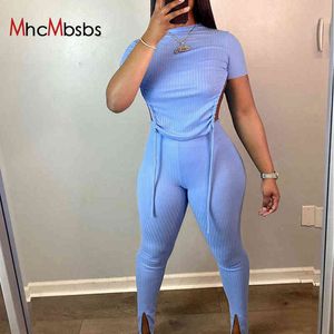 Iki Parçalı Setleri Kadın Kıyafetler Nervürlü Backless Lace Up Korse Üst Kısa Kollu Tankı + Alt Bölünmüş Legging Pantolon Yaz 210517