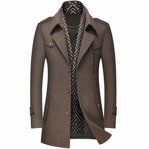 Abbigliamento da uomo Moda Trench Coat Addensare Giacca di lana da uomo Sciarpa Collo Cappotto di media lunghezza Cappotto invernale caldo Cappotto maschile 211122