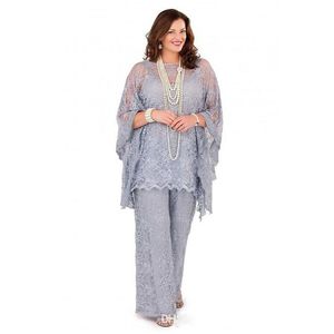 Elegancka Silver Lace Plus Size Mothers Pant Garnitury Sheer Bateau Neck Spaghetti na suknię ślubną Trzy kawałki Matka panny młodej