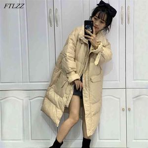 Zimowe Lamb Fur Turndown Collar Długie Kurtka Kobiety 90% White Duck Down Coat Loose Grube Parkas Khaki Ciepłe Śnieg Znosić 210430