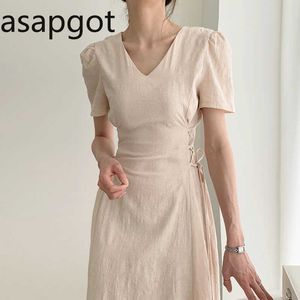 S- XL Coreano Chique Verão V Neck Puff de Manga Curta Algodão e Roupa Vestido Vintage Lace Up Slim Elagant Bandage Dress Midi OL 210610