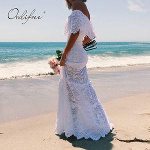 Sommar kvinnor lång fest av axel sexig strapless ruffle vit spets maxi tunika strand klänning 210415