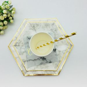 Disposable Dinnerware 8 Sets Marble Foil Gold Plate Kids Birthday Party Letter Striped Paper Plates Cups Napkins Straws Supplies Tableware