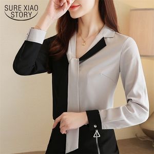 Spring Elegant Fashion Women Clothing Tops V-neck Spliced Korean Long Sleeve Top Chiffon Blouse Blusas Shirts 8472 50 210510